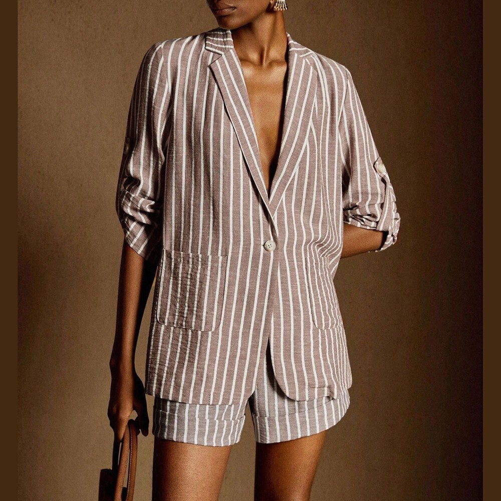 Taupe Brown Striped Woven Notch Lapel Roll-Tab Sleeve Blazer
